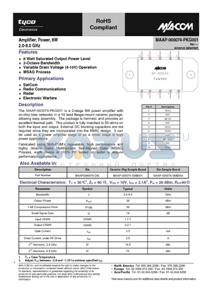 MAAP-000074-SMB004 datasheet - Amplifier, Power, 8W 2.0-8.0 GHz