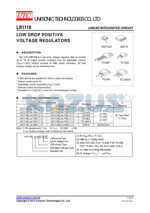 LR1118G-XX-AA3-A-T datasheet - LOW DROP POSITIVE VOLTAGE REGULATORS