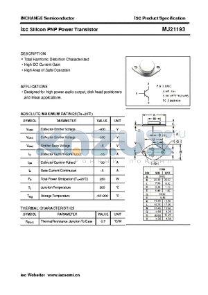 MJ21193 datasheet - isc Silicon PNP Power Transistor