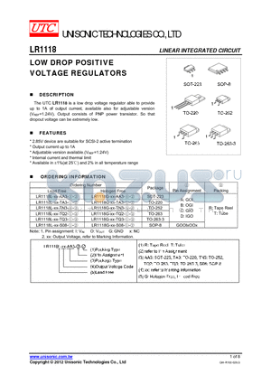 LR1118G-XX-TA3-A-R datasheet - LOW DROP POSITIVE VOLTAGE REGULATORS