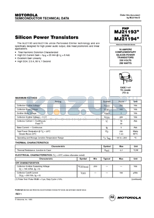 MJ21194 datasheet - COMPLEMENTARY SILICON POWER TRANSISTORS