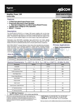MAAP-000078-PED000 datasheet - Amplifier, Power, 12W 2.0-6.0 GHz