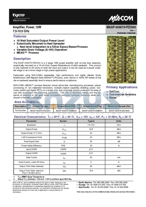 MAAP-000079-PED000 datasheet - Amplifier, Power, 18W 7.5-10.5 GHz