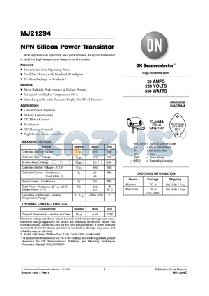 MJ21294G datasheet - NPN Silicon Power Transistor