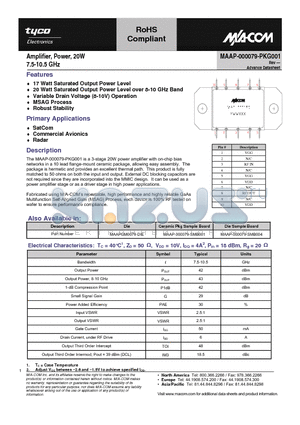 MAAP-000079-SMB004 datasheet - Amplifier, Power, 20W 7.5-10.5 GHz