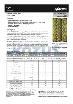 MAAP-000079-SMB004 datasheet - Amplifier, Power, 20W 7.5-10.5 GHz