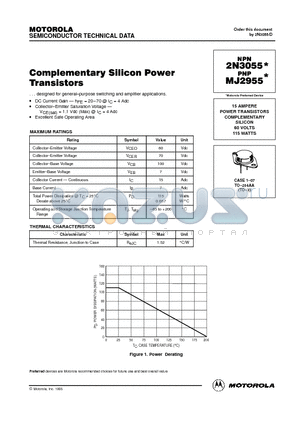 MJ2955 datasheet - 15 AMPERE POWER TRANSISTORS COMPLEMENTARY SILICON 60 VOLTS 115 WATTS