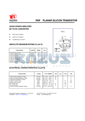 MJ2955 datasheet - PNP PLANAR SILICON TRANSISTOR(AUDIO POWER AMPLIFIER DC TO DC CONVERTER)
