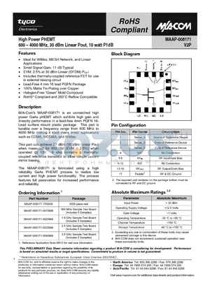 MAAP-008171 datasheet - High Power PHEMT 600 - 4000 MHz, 30 dBm Linear Pout, 10 watt P1dB