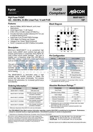 MAAP-008171-003SMB datasheet - High Power PHEMT 600 - 4000 MHz, 30 dBm Linear Pout, 10 watt P1dB