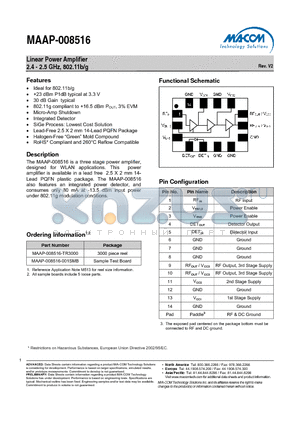 MAAP-008516-TR3000 datasheet - Linear Power Amplifier 2.4 - 2.5 GHz, 802.11b/g