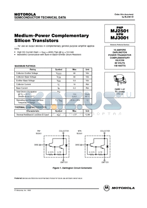 MJ3001 datasheet - DARLINGTON POWER TRANSISTOR COMPLEMENTARY SILICON