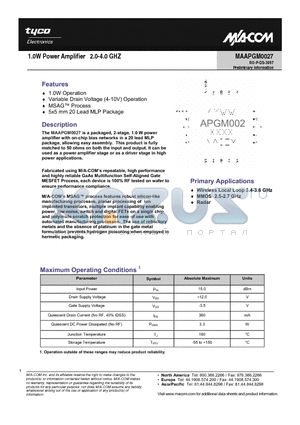 MAAPGM0027 datasheet - 1.0W Power Amplifier 2.0-4.0 GHZ