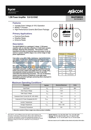MAAPGM0038 datasheet - 1.2W Power Amplifier 9.0-12.0 GHZ