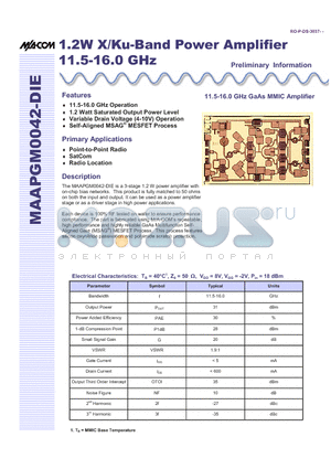 MAAPGM0042-DIE datasheet - 1.2W X/Ku-Band Power Amplifier 11.5-16.0 GHz