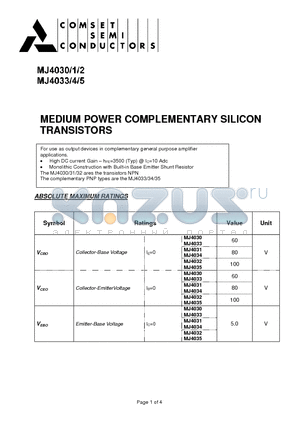 MJ4030 datasheet - MEDIUM POWER COMPLEMENTARY SILICON TRANSISTORS