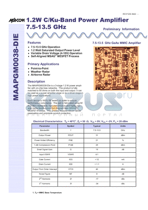 MAAPGM0038-DIE datasheet - 1.2W C/Ku-Band Power Amplifier 7.5-13.5 GHz