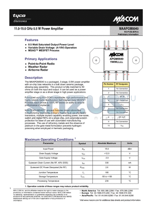 MAAPGM0040 datasheet - 11.0-15.0 GHz 0.5 W Power Amplifier