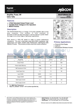 MAAPGM0060-DIE datasheet - Amplifier, Power, 5W 4.8-6.7 GHz