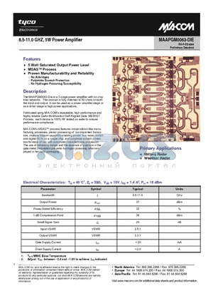 MAAPGM0063-DIE datasheet - 8.5-11.0 GHZ, 5W Power Amplifier