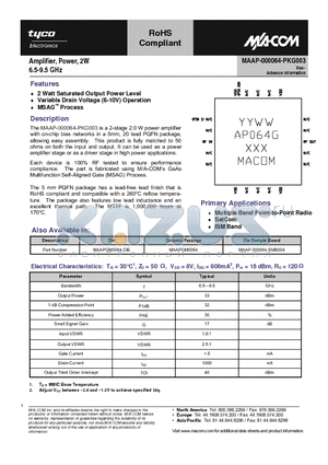 MAAPGM0064 datasheet - Amplifier, Power, 2W 6.5-9.5 GHz