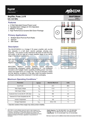 MAAPGM0064 datasheet - Amplifier, Power, 2.0 W 6.5-9.5 GHz