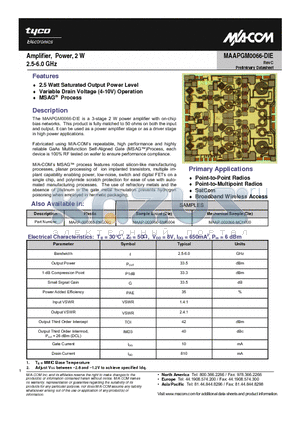 MAAPGM0066-DIE datasheet - Amplifier, Power, 2 W 2.5-6.0 GHz