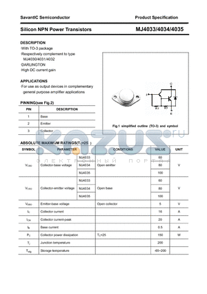 MJ4035 datasheet - Silicon NPN Power Transistors