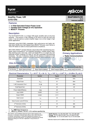 MAAPGM0078-DIE datasheet - Amplifier, Power, 12W 2.0-6.0 GHz