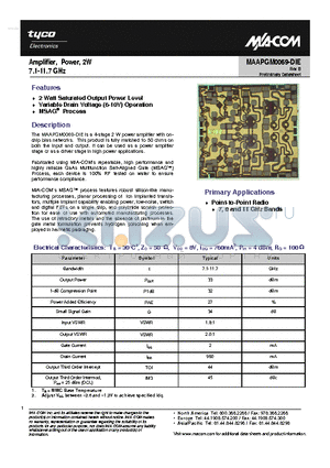 MAAPGM0069-DIE datasheet - Amplifier, Power, 2W 7.1-11.7 GHz