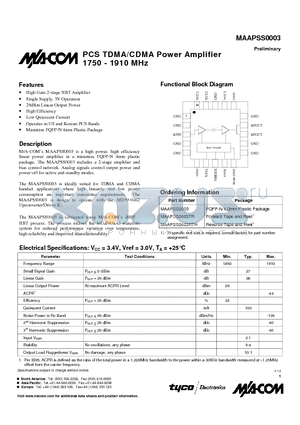 MAAPSS0003RTR datasheet - PCS TDMA/CDMA Power Amplifier 1750 - 1910 MHz