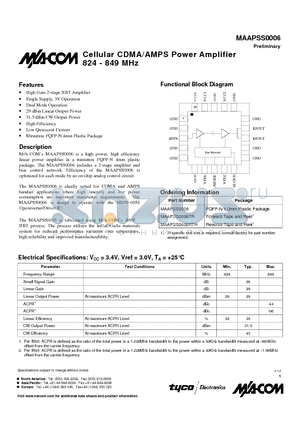 MAAPSS0006TR datasheet - Cellular CDMA/AMPS Power Amplifier 824 - 849 MHz
