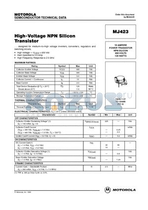 MJ423 datasheet - POWER TRANSISTOR NPN SILICON