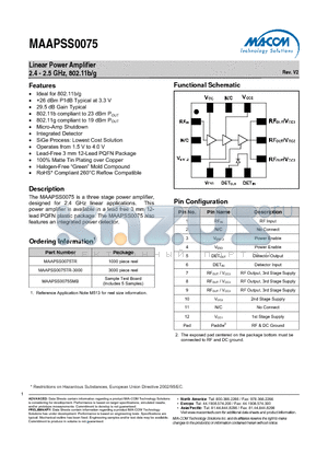 MAAPSS0075SMB datasheet - Linear Power Amplifier 2.4 - 2.5 GHz, 802.11b/g