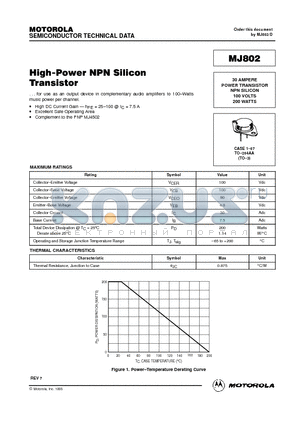 MJ802 datasheet - High-Power NPN Silicon Transistor