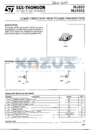 MJ802 datasheet - COMPLEMENTARY HIGH POWER TRANSISTORS