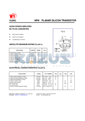 MJ802 datasheet - NPN PLANAR SILICON TRANSISTOR(AUDIO POWER AMPLIFIER DC TO DC CONVERTER)
