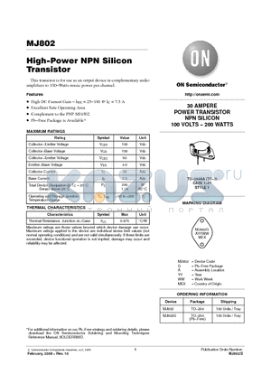 MJ802 datasheet - HighPower NPN Silicon Transistor