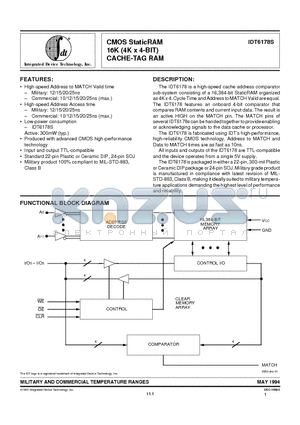 IDT6178S10YB datasheet - CMOS StaticRAM 16K (4K x 4-BIT) CACHE-TAG RAM