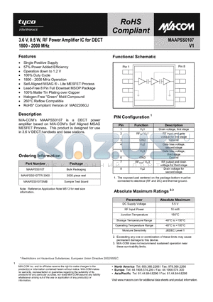 MAAPSS0107TR-3000 datasheet - 3.6 V, 0.5 W, RF Power Amplifier IC for DECT 1800 - 2000 MHz