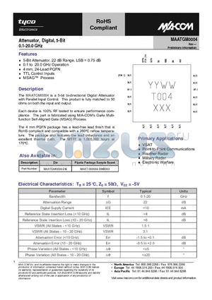 MAAT-000004-SMB003 datasheet - Attenuator, Digital, 5-Bit 0.1 - 20.0 GHz