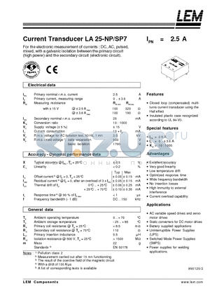 LA25-NPSP7 datasheet - Current Transducer LA 25-NP/SP7
