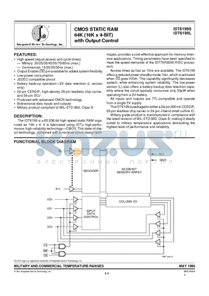 IDT6198L15L datasheet - CMOS STATIC RAM 64K (16K x 4-BIT) with Output Control