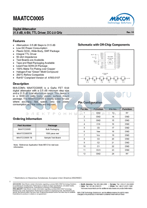 MAATCC0005TR datasheet - Digital Attenuator 31.5 dB, 6-Bit, TTL Driver, DC-2.0 GHz