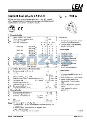 LA255-S datasheet - Current Transducer LA 255-S