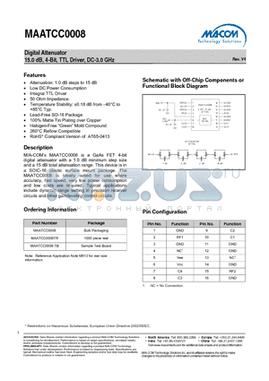 MAATCC0008 datasheet - Digital Attenuator 15.0 dB, 4-Bit, TTL Driver, DC-3.0 GHz