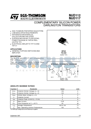 MJD112 datasheet - COMPLEMENTARY SILICON POWER DARLINGTON TRANSISTORS