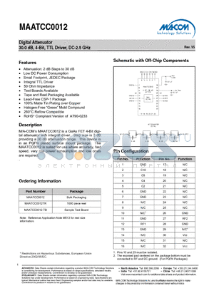 MAATCC0012 datasheet - Digital Attenuator 30.0 dB, 4-Bit, TTL Driver, DC-2.5 GHz