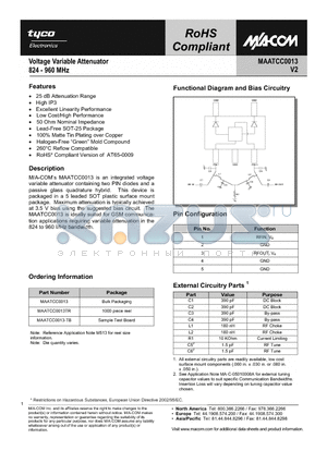 MAATCC0013 datasheet - Voltage Variable Attenuator 824 - 960 MHz