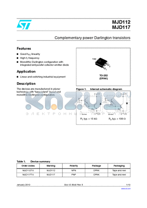 MJD117 datasheet - Complementary power Darlington transistors